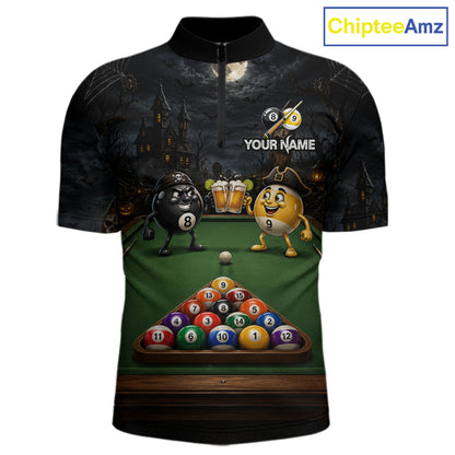 Halloween Pool Billiard Polo 1/4-Zip Shirt For Men Custom Funny Pirate 8 & 9 Ball Pool Team Jersey NYN4255