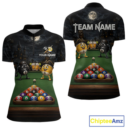 Halloween Pool Billiard Polo 1/4-Zip Shirt For Women Custom Funny Pirate 8 & 9 Ball Pool Team Jersey NYN4255