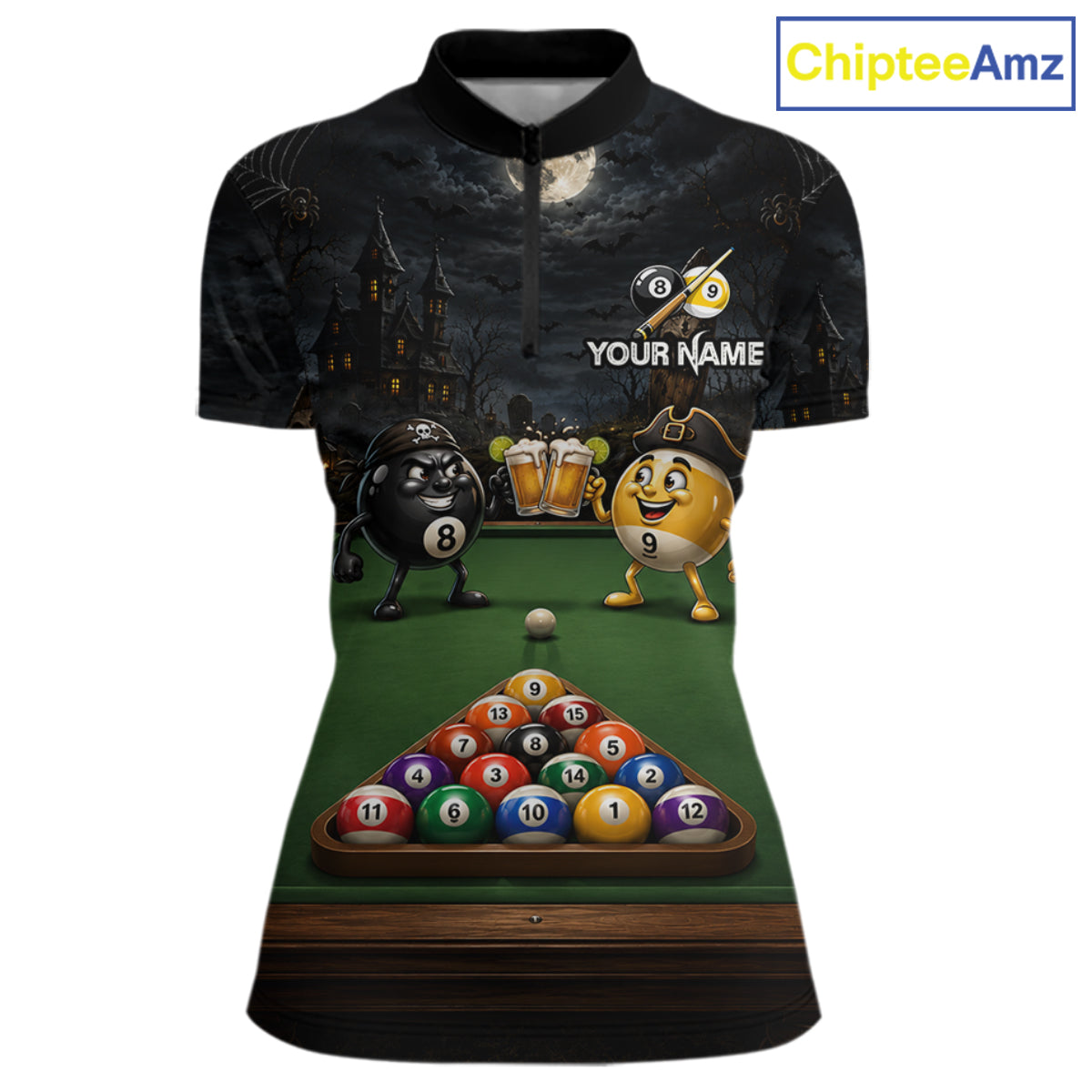 Halloween Pool Billiard Polo 1/4-Zip Shirt For Women Custom Funny Pirate 8 & 9 Ball Pool Team Jersey NYN4255