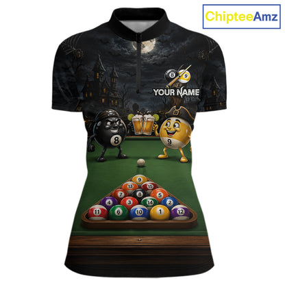 Halloween Pool Billiard Polo 1/4-Zip Shirt For Women Custom Funny Pirate 8 & 9 Ball Pool Team Jersey NYN4255