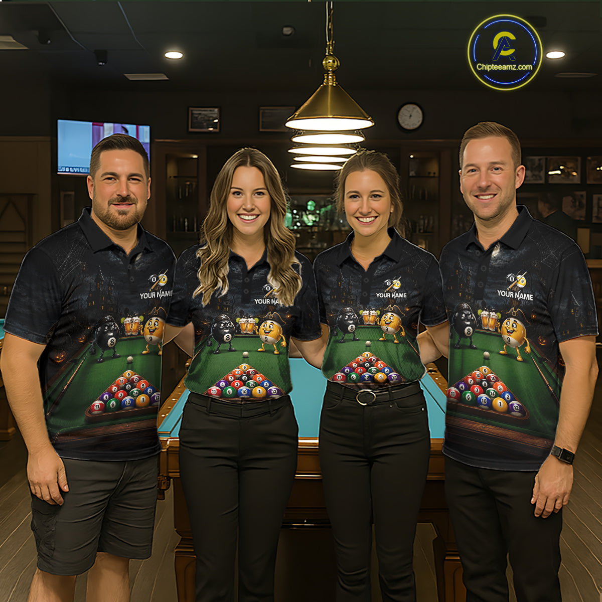 Halloween Pool Billiard Polo 1/4-Zip Shirt For Men Custom Funny Pirate 8 & 9 Ball Pool Team Jersey NYN4255