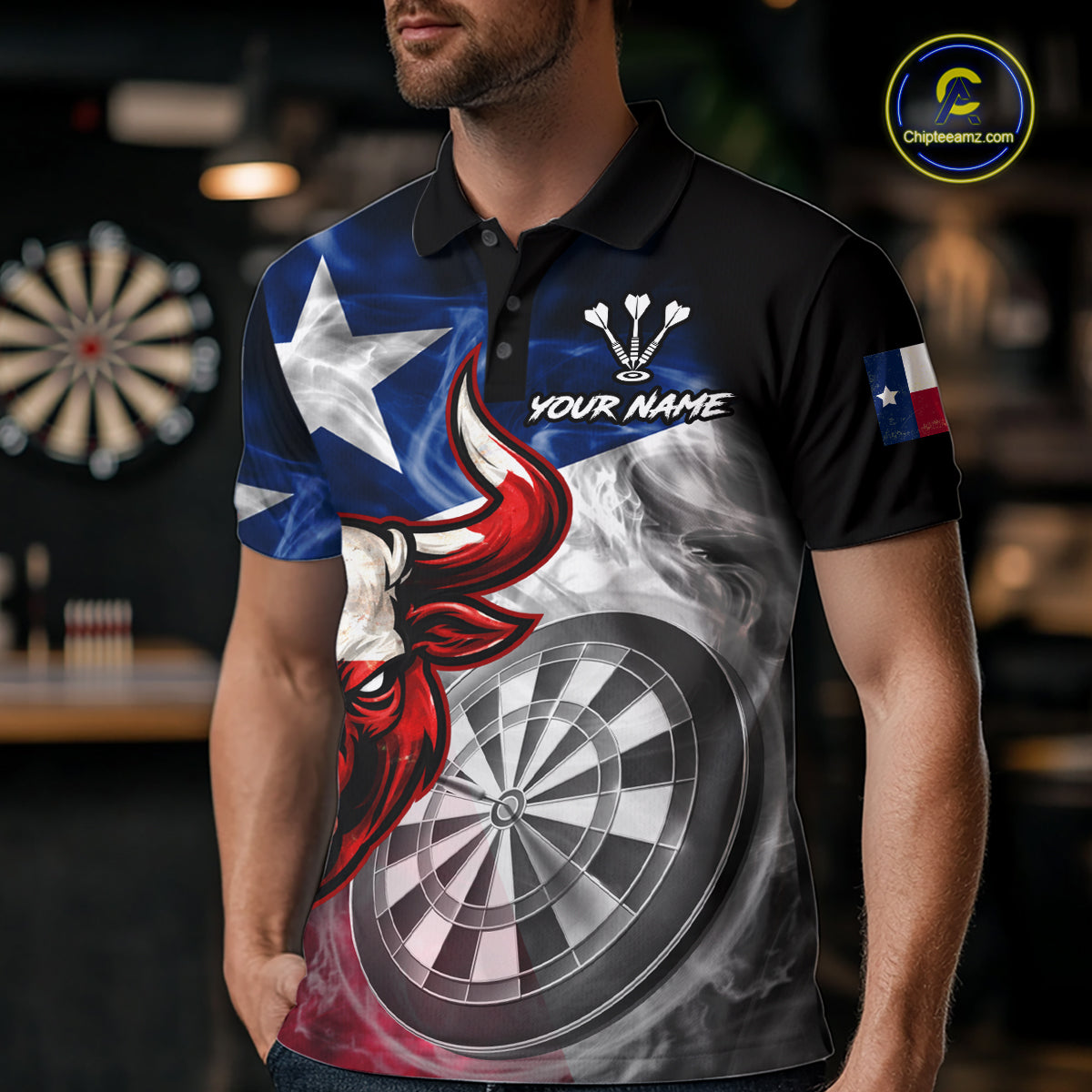 Smoke Texas Flag Darts Polo 1/4-Zip Shirt For Men Custom Bull Darts Team Darts Tournament Jersey NYN4671