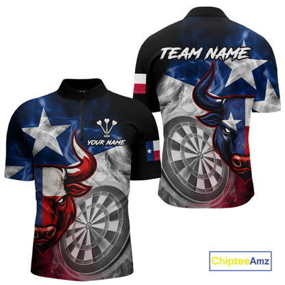 Smoke Texas Flag Darts Polo 1/4-Zip Shirt For Men Custom Bull Darts Team Darts Tournament Jersey NYN4671