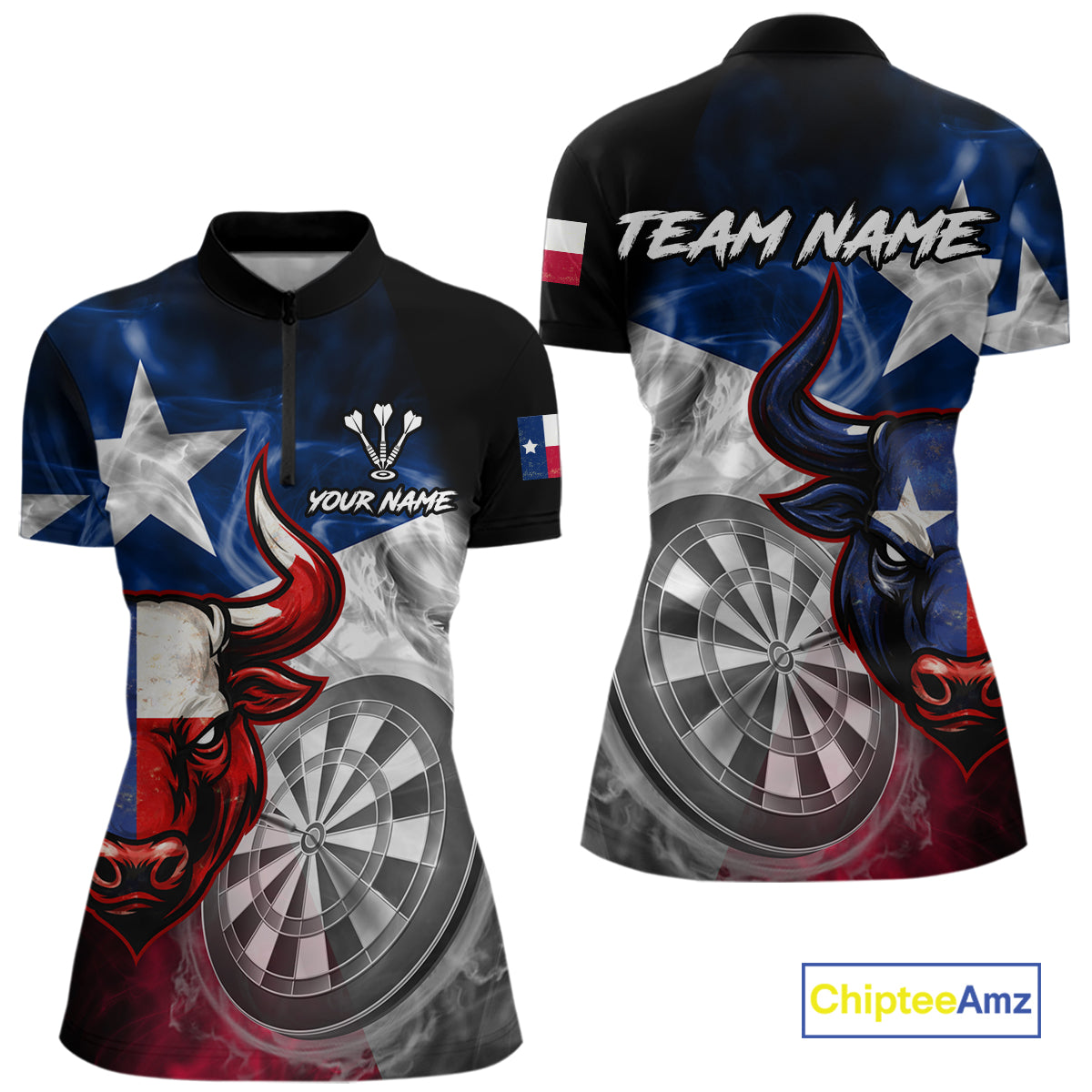 Smoke Texas Flag Darts Polo 1/4-Zip Shirt For Women Custom Bull Darts Team Darts Tournament Jersey NYN4671