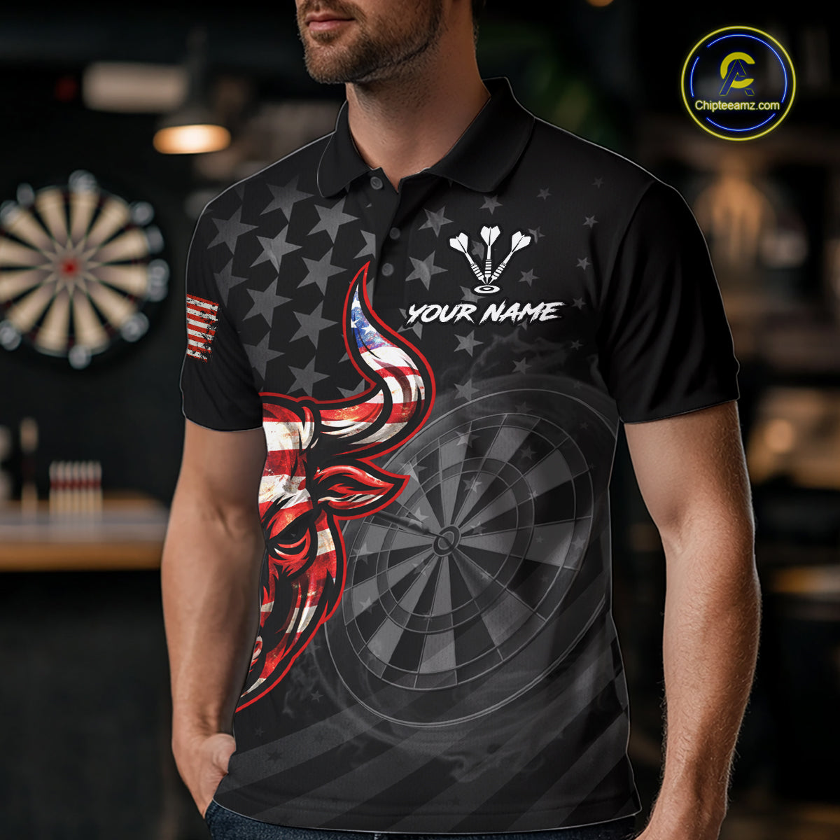 Grunge USA Flag Darts Polo 1/4-Zip Shirt For Men Custom Bull Darts Team Darts Tournament Jersey NYN4672