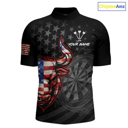 Grunge USA Flag Darts Polo 1/4-Zip Shirt For Men Custom Bull Darts Team Darts Tournament Jersey NYN4672
