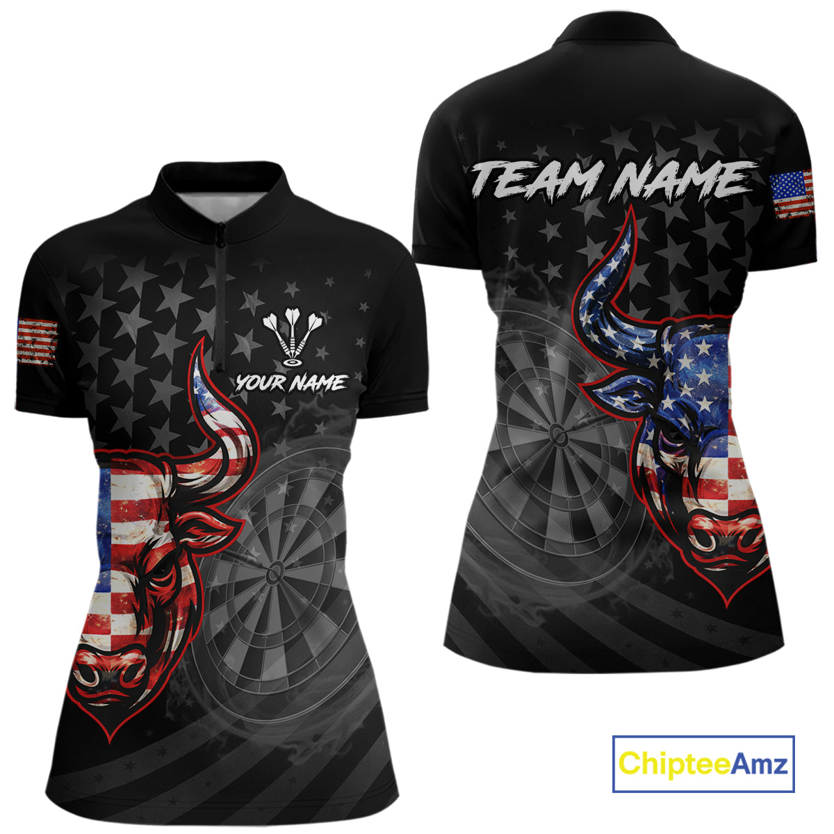 Grunge USA Flag Darts Polo 1/4-Zip Shirt For Women Custom Bull Darts Team Darts Tournament Jersey NYN4672