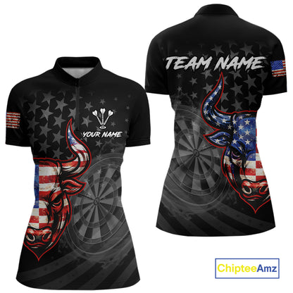 Grunge USA Flag Darts Polo 1/4-Zip Shirt For Women Custom Bull Darts Team Darts Tournament Jersey NYN4672