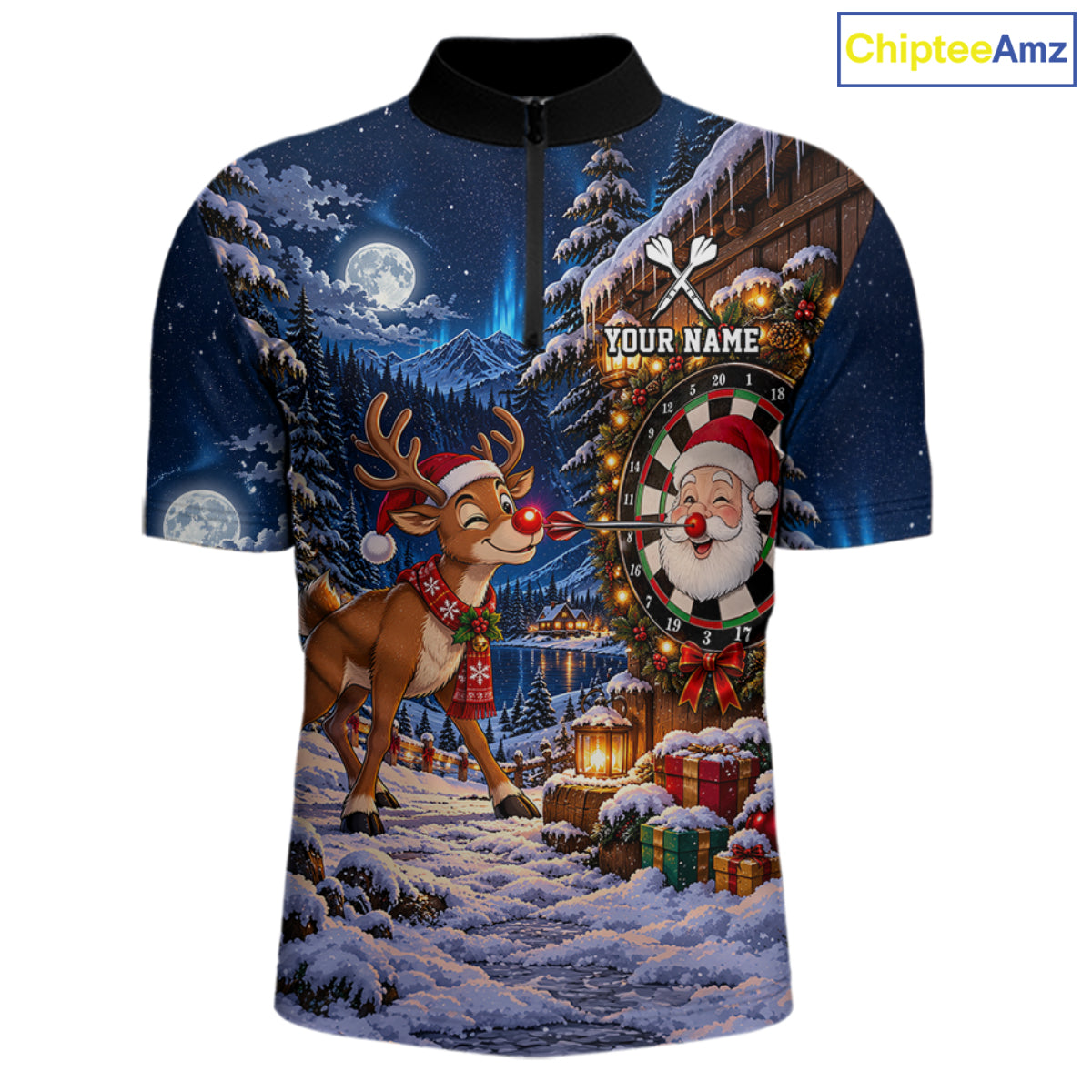 Personalized Reindeer Christmas Dart Jersey For Men Custom Name Xmas Darts Polo 1/4-Zip Shirt NYN5043