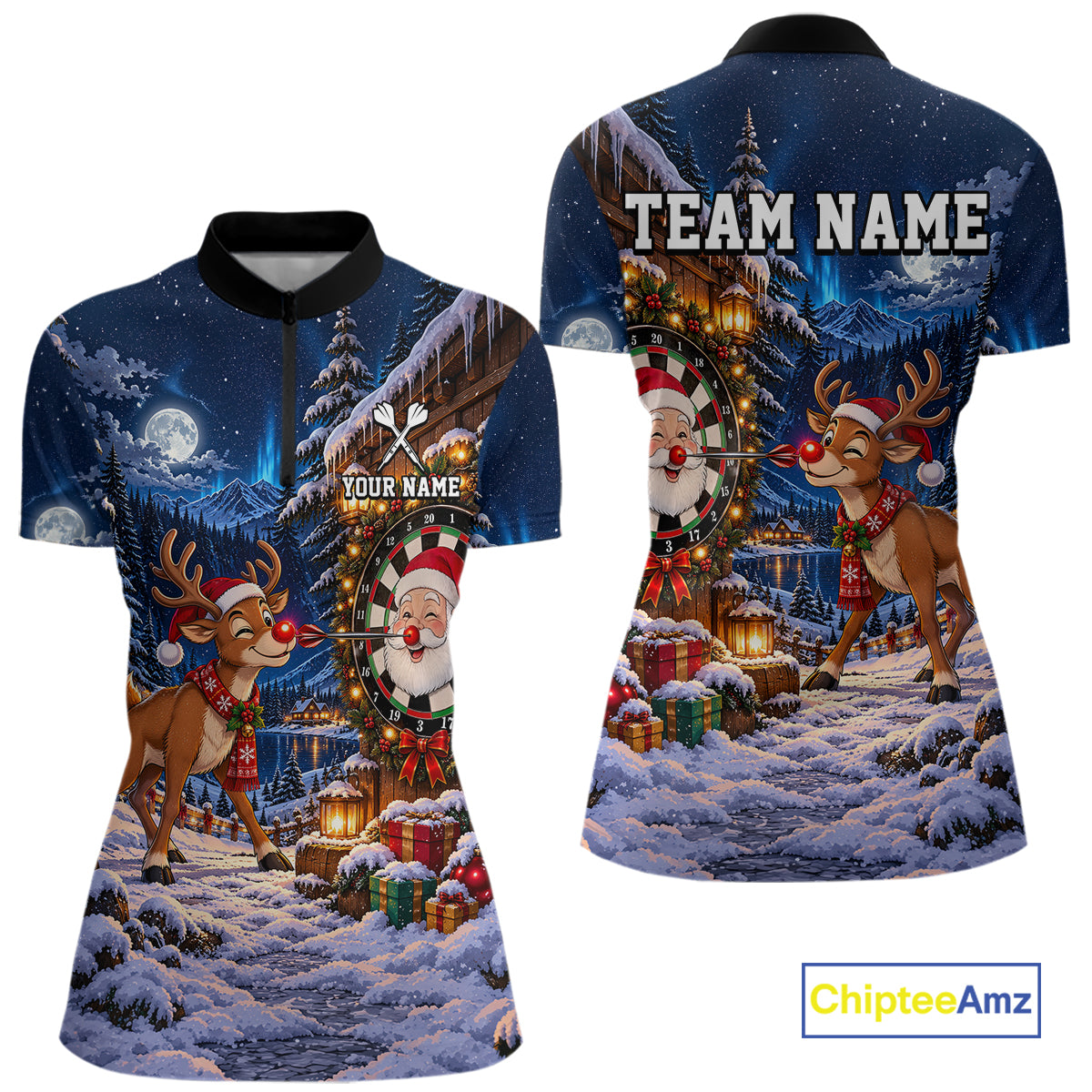 Personalized Reindeer Christmas Dart Jersey For Women Custom Name Xmas Darts Polo 1/4-Zip Shirt NYN5043