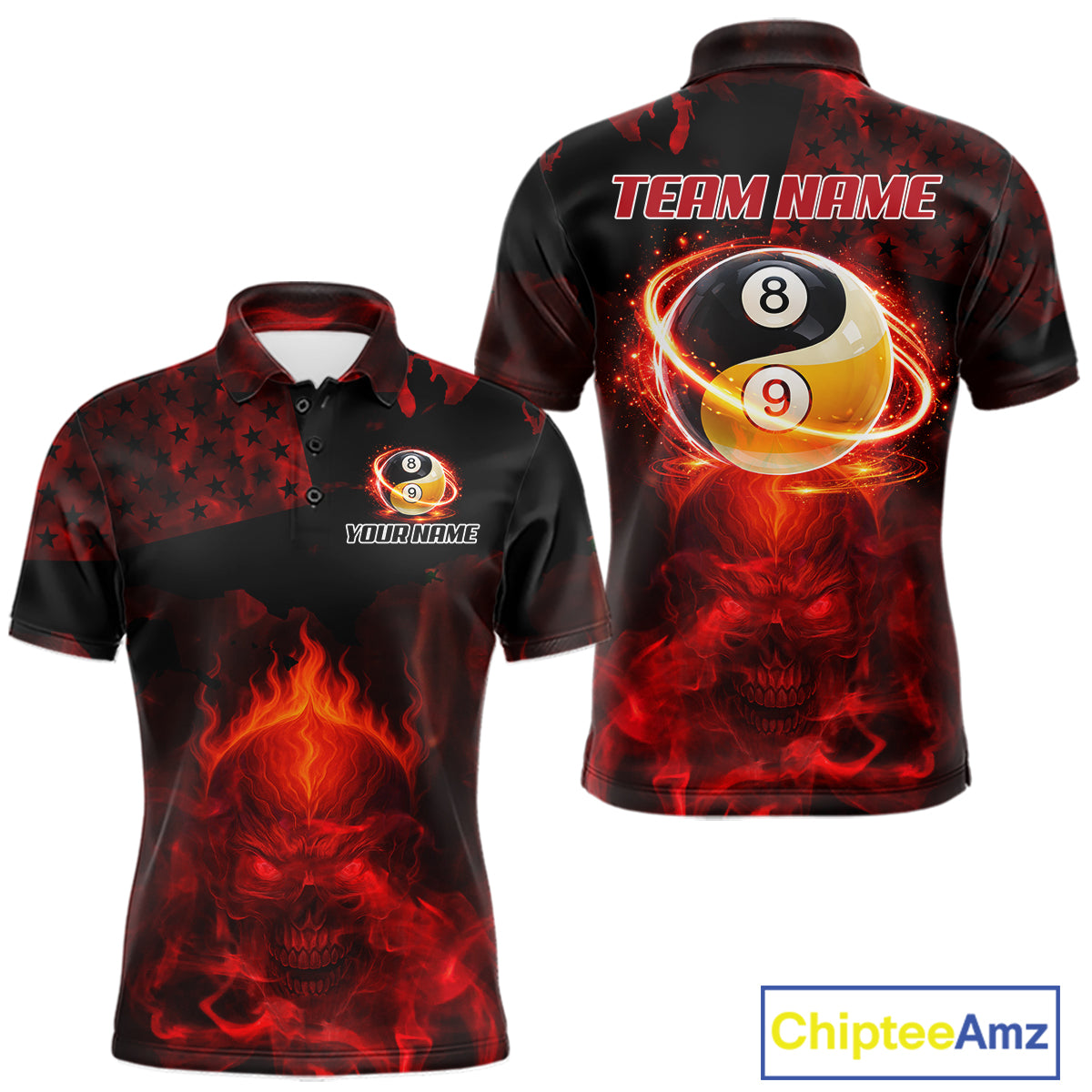 Red Flames Skull Yin & Yang Pool Billiard Shirt For Men Custom 8 Ball & 9 Ball Billiard Team Attire NYN2744