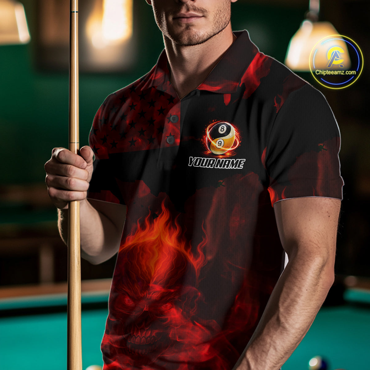Red Flames Skull Yin & Yang Pool Billiard Shirt For Men Custom 8 Ball & 9 Ball Billiard Team Attire NYN2744