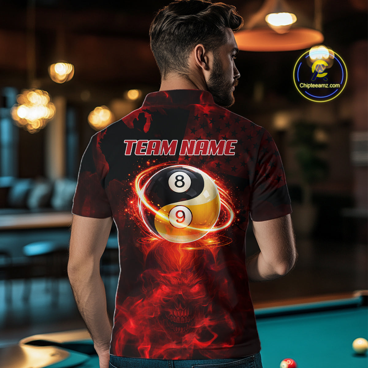 Red Flames Skull Yin & Yang Pool Billiard Shirt For Men Custom 8 Ball & 9 Ball Billiard Team Attire NYN2744