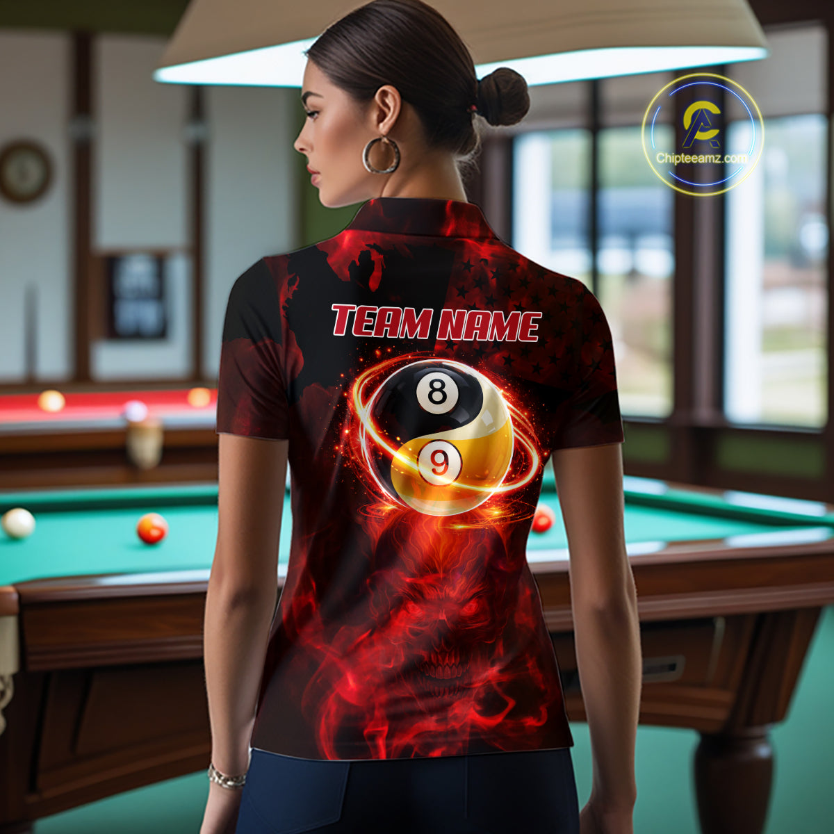 Red Flames Skull Yin & Yang Pool Billiard Shirt For Women Custom 8 Ball & 9 Ball Billiard Team Attire NYN2744