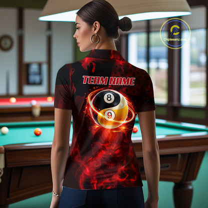 Red Flames Skull Yin & Yang Pool Billiard Shirt For Women Custom 8 Ball & 9 Ball Billiard Team Attire NYN2744