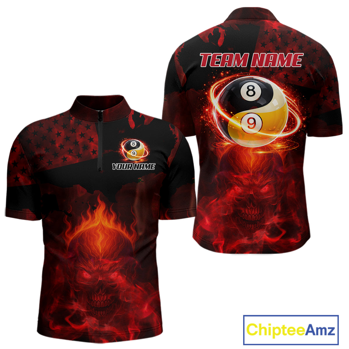 Red Flames Skull Yin & Yang Pool Billiard Shirt For Men Custom 8 Ball & 9 Ball Billiard Team Attire NYN2744