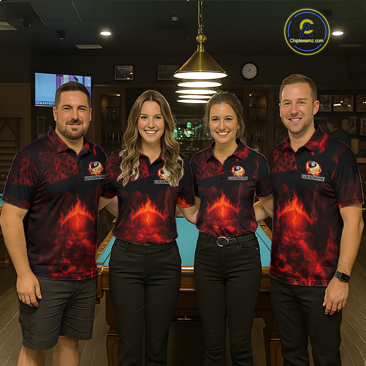 Red Flames Skull Yin & Yang Pool Billiard Shirt For Women Custom 8 Ball & 9 Ball Billiard Team Attire NYN2744