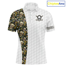 Load image into Gallery viewer, Men's golf polo featuring tropical green golf ball pattern with bold skull artwork, personalized golf apparel for beach golf resorts, golf vacations, summer tournaments and adventurous golfers, representing freedom, nature and tropical lifestyle.