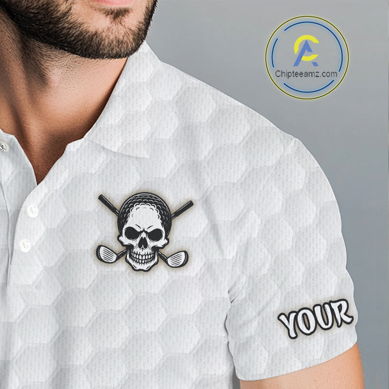 Male golfer wearing tropical skull golf polo at luxury golf resort, ideal for vacation golf, tropical lifestyle and adventurous golfers