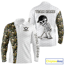Load image into Gallery viewer, Men's golf polo featuring tropical green golf ball pattern with bold skull artwork, personalized golf apparel for beach golf resorts, golf vacations, summer tournaments and adventurous golfers, representing freedom, nature and tropical lifestyle.
