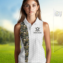 Load image into Gallery viewer, Female golfer wearing tropical skull golf polo on sunny golf course, fashionable golf apparel representing freedom, nature and resort living.