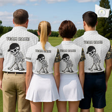 Load image into Gallery viewer, Golf team wearing matching tropical skull golf polos during destination golf tournament, symbolizing adventure, friendship and tropical golf lifestyle.