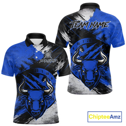 Custom Blue Grunge Funny Bull Darts Polo & 1/4 Zip Shirt For Men Bull Darts Team Jerseys NYN4275