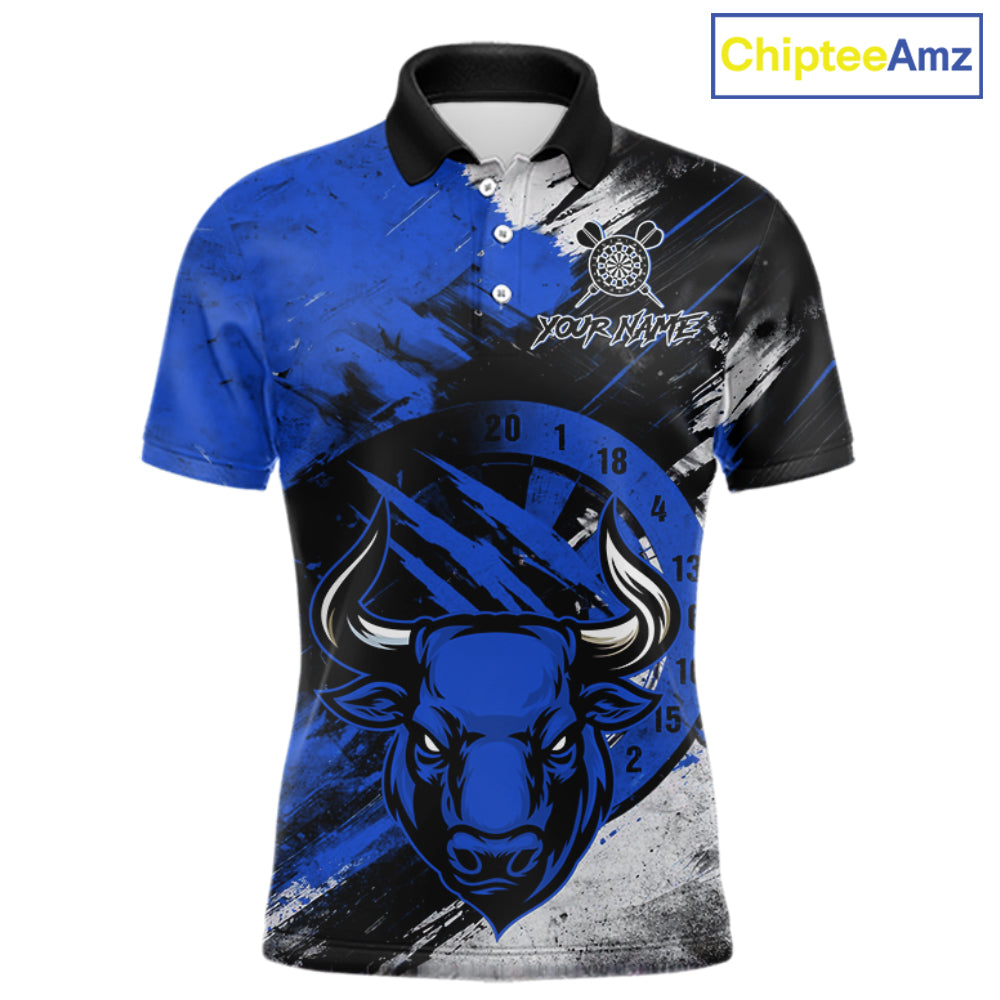 Custom Blue Grunge Funny Bull Darts Polo & 1/4 Zip Shirt For Men Bull Darts Team Jerseys NYN4275