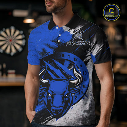 Custom Blue Grunge Funny Bull Darts Polo & 1/4 Zip Shirt For Men Bull Darts Team Jerseys NYN4275