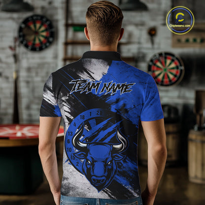 Custom Blue Grunge Funny Bull Darts Polo & 1/4 Zip Shirt For Men Bull Darts Team Jerseys NYN4275