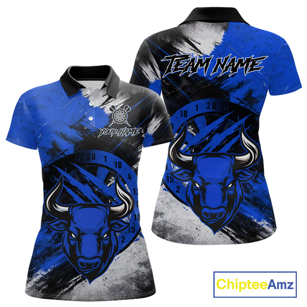Custom Blue Grunge Funny Bull Darts Polo & 1/4 Zip Shirt For Women Bull Darts Team Jerseys NYN4275