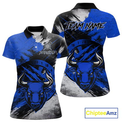 Custom Blue Grunge Funny Bull Darts Polo & 1/4 Zip Shirt For Women Bull Darts Team Jerseys NYN4275