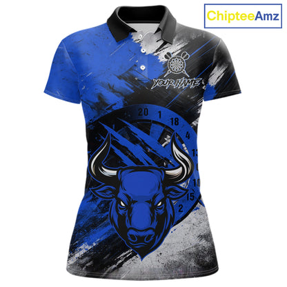 Custom Blue Grunge Funny Bull Darts Polo & 1/4 Zip Shirt For Women Bull Darts Team Jerseys NYN4275