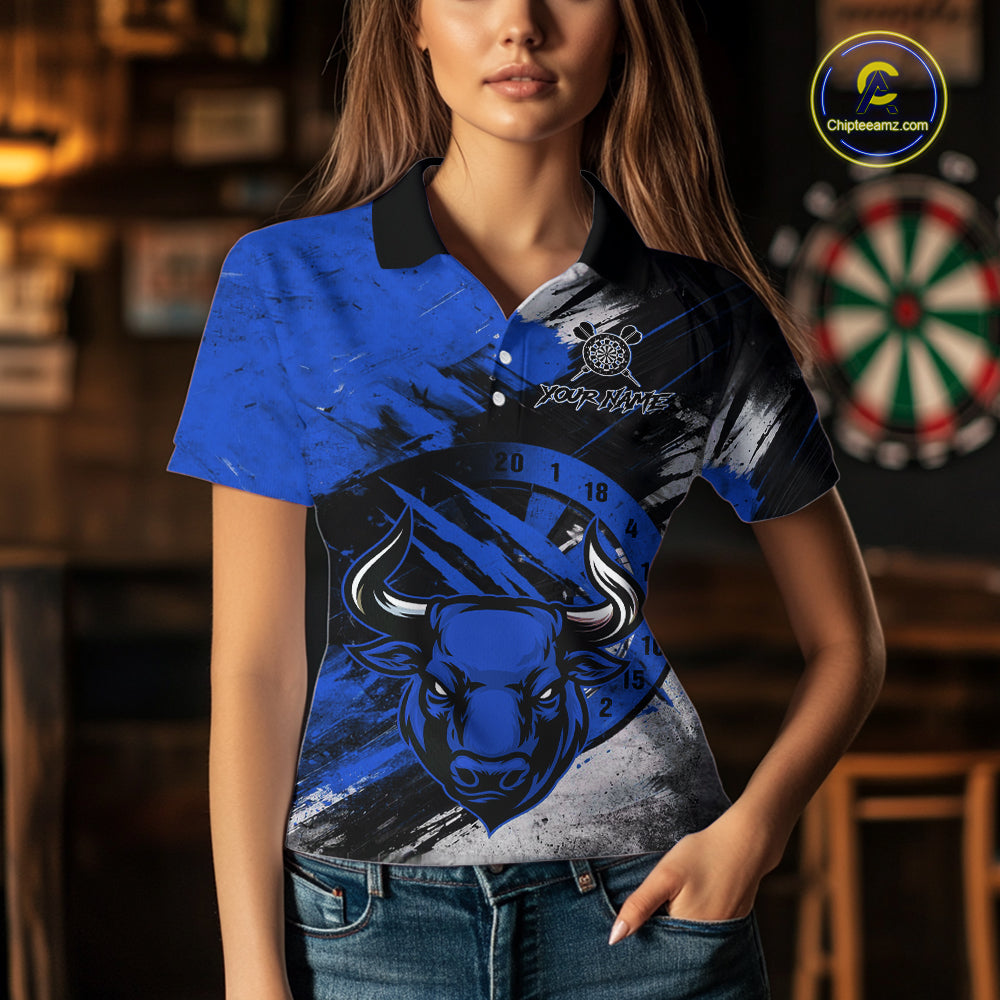 Custom Blue Grunge Funny Bull Darts Polo & 1/4 Zip Shirt For Women Bull Darts Team Jerseys NYN4275