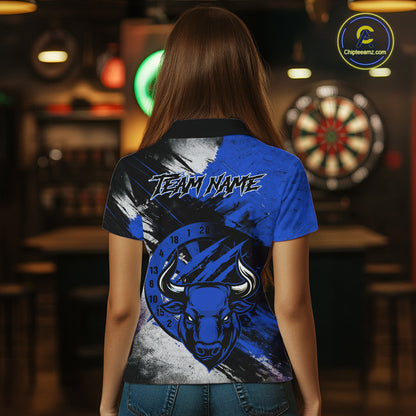 Custom Blue Grunge Funny Bull Darts Polo & 1/4 Zip Shirt For Women Bull Darts Team Jerseys NYN4275