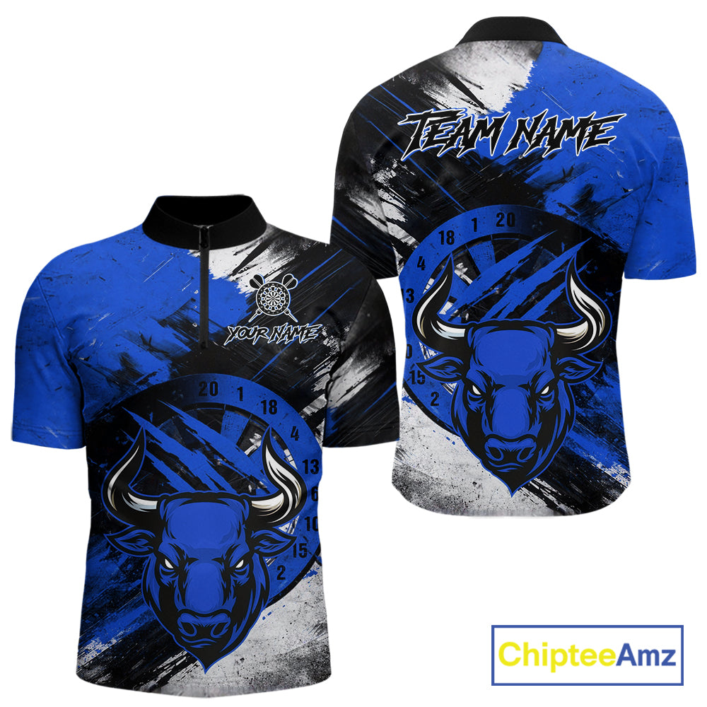 Custom Blue Grunge Funny Bull Darts Polo & 1/4 Zip Shirt For Men Bull Darts Team Jerseys NYN4275