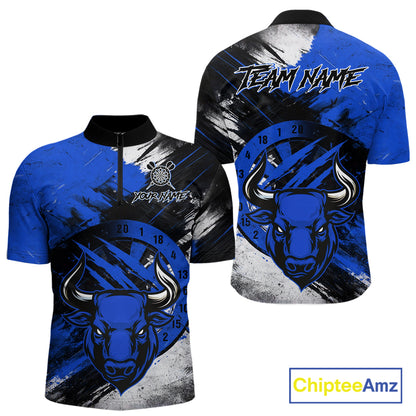 Custom Blue Grunge Funny Bull Darts Polo & 1/4 Zip Shirt For Men Bull Darts Team Jerseys NYN4275