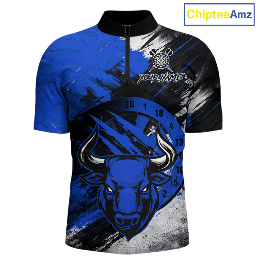 Custom Blue Grunge Funny Bull Darts Polo & 1/4 Zip Shirt For Men Bull Darts Team Jerseys NYN4275