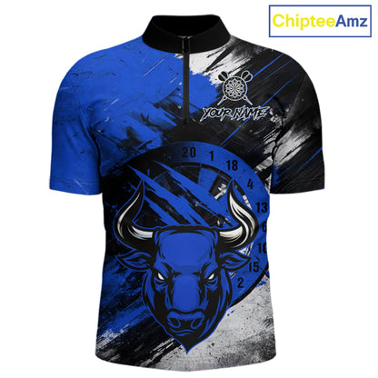 Custom Blue Grunge Funny Bull Darts Polo & 1/4 Zip Shirt For Men Bull Darts Team Jerseys NYN4275