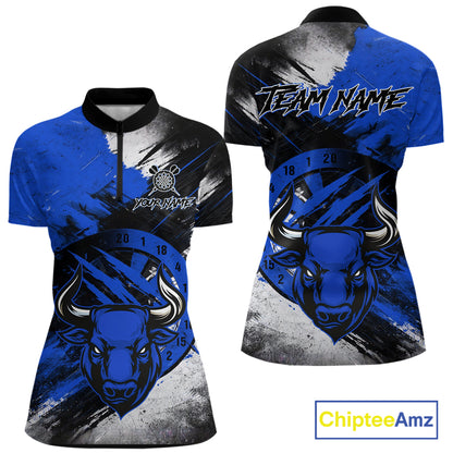 Custom Blue Grunge Funny Bull Darts Polo & 1/4 Zip Shirt For Women Bull Darts Team Jerseys NYN4275