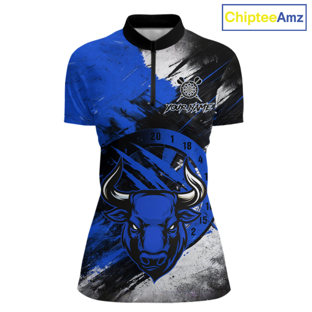 Custom Blue Grunge Funny Bull Darts Polo & 1/4 Zip Shirt For Women Bull Darts Team Jerseys NYN4275