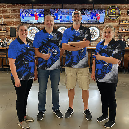Custom Blue Grunge Funny Bull Darts Polo & 1/4 Zip Shirt For Men Bull Darts Team Jerseys NYN4275