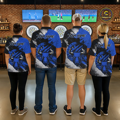 Custom Blue Grunge Funny Bull Darts Polo & 1/4 Zip Shirt For Men Bull Darts Team Jerseys NYN4275