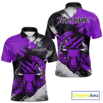 Custom Purple Grunge Funny Bull Darts Polo & 1/4 Zip Shirt For Men Bull Darts Team Jerseys NYN4276