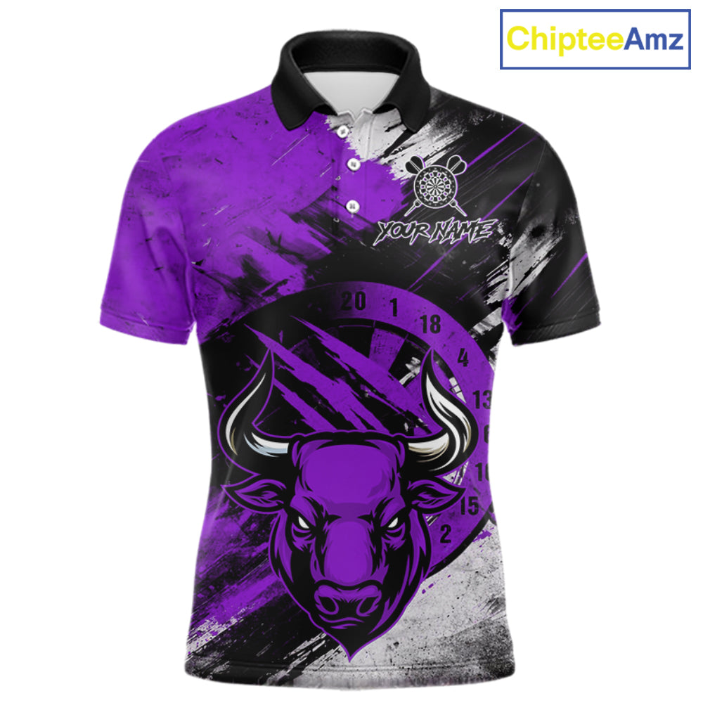 Custom Purple Grunge Funny Bull Darts Polo & 1/4 Zip Shirt For Men Bull Darts Team Jerseys NYN4276