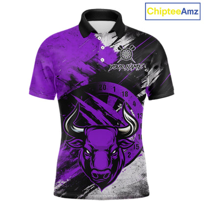 Custom Purple Grunge Funny Bull Darts Polo & 1/4 Zip Shirt For Men Bull Darts Team Jerseys NYN4276