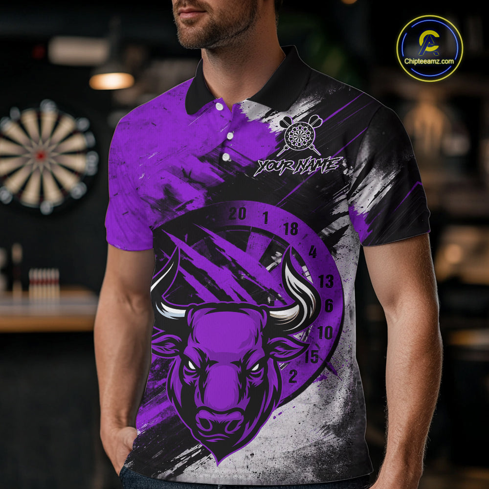 Custom Purple Grunge Funny Bull Darts Polo & 1/4 Zip Shirt For Men Bull Darts Team Jerseys NYN4276