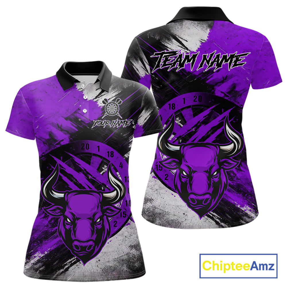 Custom Purple Grunge Funny Bull Darts Polo & 1/4 Zip Shirt For Women Bull Darts Team Jerseys NYN4276