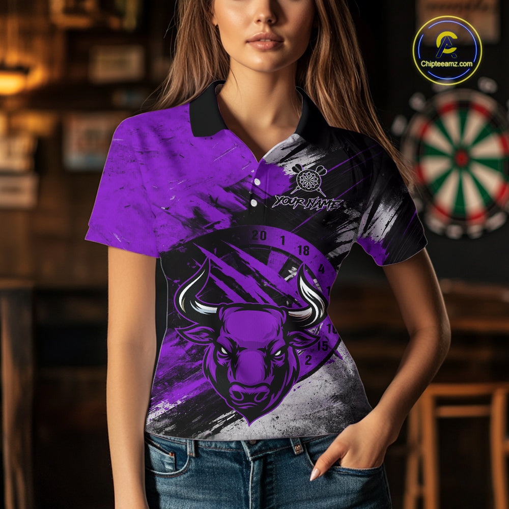 Custom Purple Grunge Funny Bull Darts Polo & 1/4 Zip Shirt For Women Bull Darts Team Jerseys NYN4276