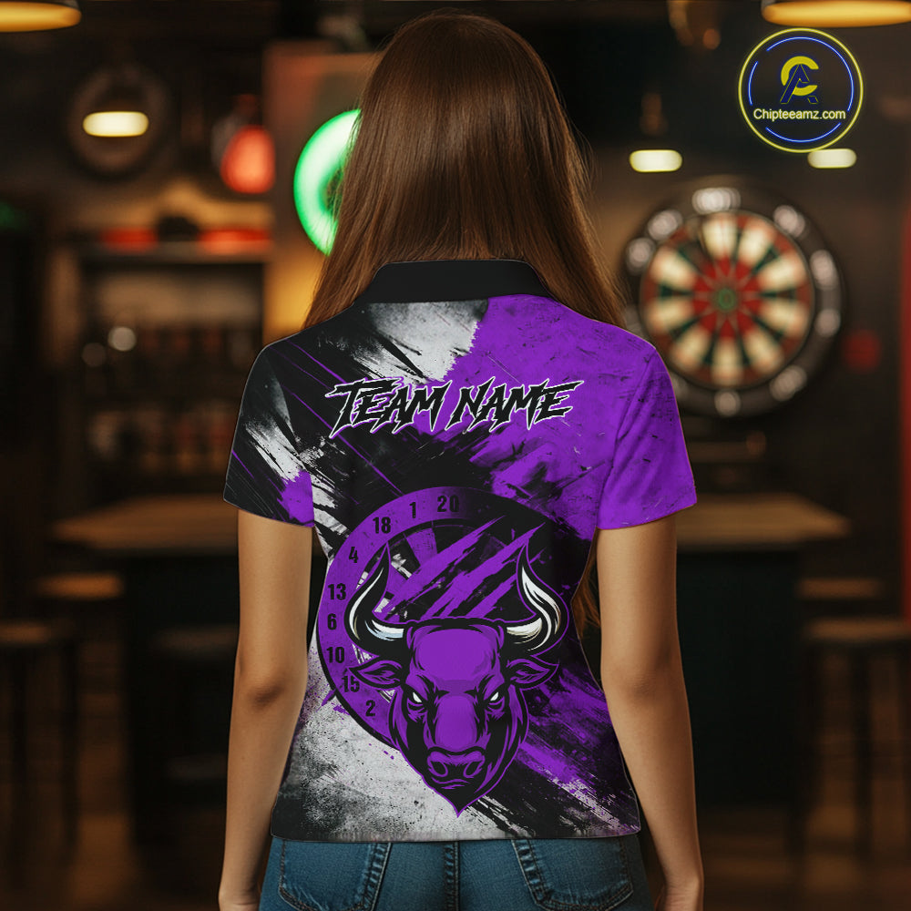 Custom Purple Grunge Funny Bull Darts Polo & 1/4 Zip Shirt For Women Bull Darts Team Jerseys NYN4276